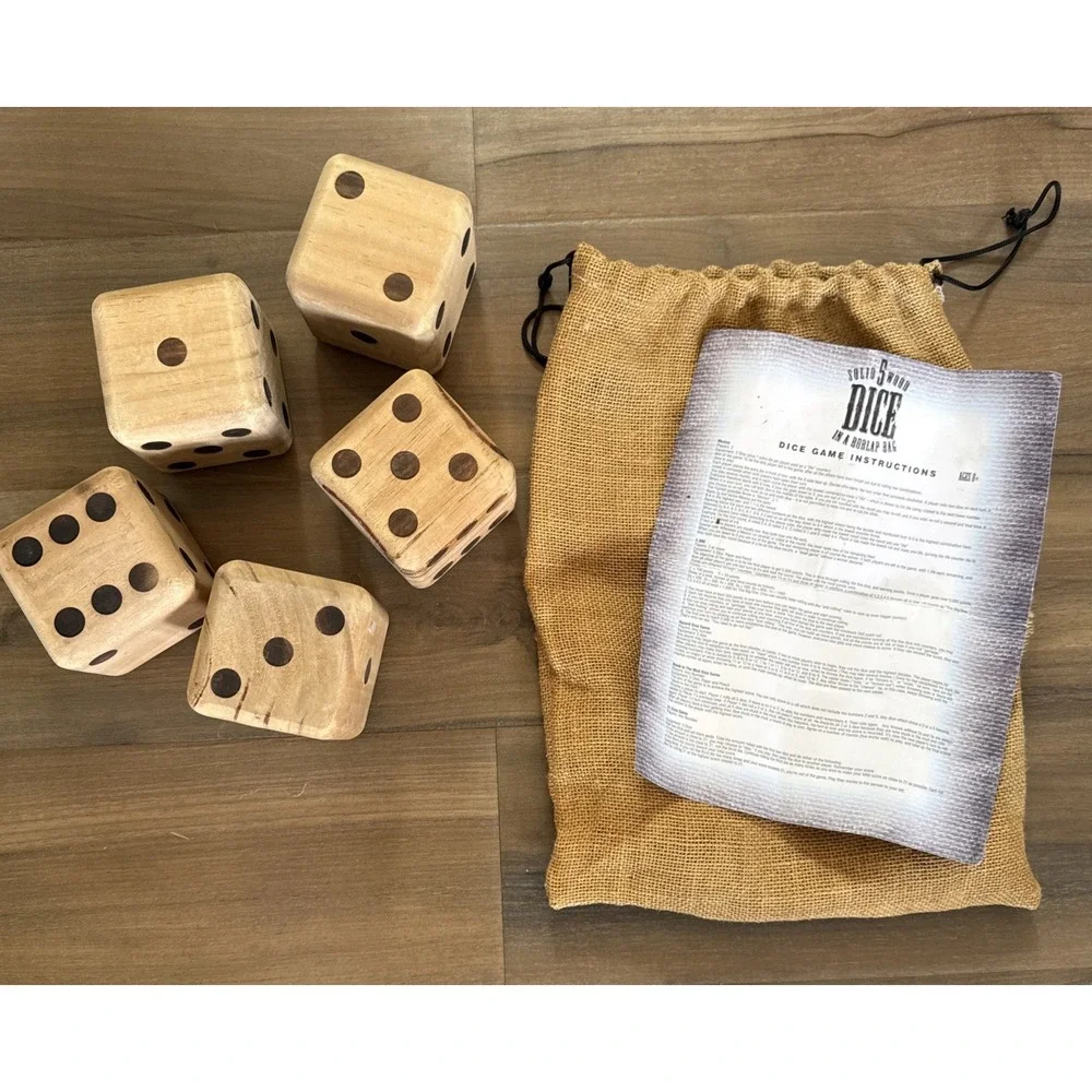 Vintage 5 Solid Wood Dice In A Burlap Bag - Large 3 1/4